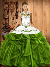 Elegant Olive Green Quinceanera Gown Military Ball and Sweet 16 and Quinceanera with Embroidery and Ruffles Halter Top Sleeveless Lace Up