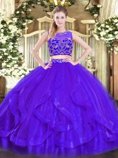 Romantic Purple Tulle Zipper Scoop Sleeveless Floor Length Sweet 16 Dress Beading and Ruffles