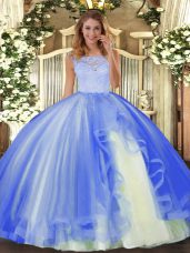 Custom Fit Blue Sleeveless Lace and Ruffles Floor Length Ball Gown Prom Dress