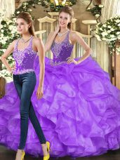 Charming Sleeveless Tulle Floor Length Lace Up Quinceanera Gown in Eggplant Purple and Purple with Beading and Ruffles