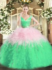 Stylish Multi-color Ball Gowns V-neck Sleeveless Organza Floor Length Zipper Ruffles Quinceanera Gowns