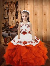 Orange Red Tulle Lace Up Straps Sleeveless Floor Length Girls Pageant Dresses Embroidery and Ruffles