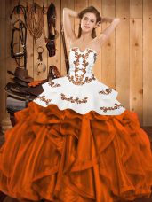 Strapless Sleeveless Satin and Organza Sweet 16 Dresses Embroidery and Ruffles Lace Up