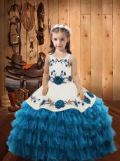 Ball Gowns Kids Pageant Dress Teal Straps Organza Sleeveless Floor Length Lace Up