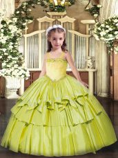Sweet Olive Green Ball Gowns Appliques and Ruffled Layers Little Girl Pageant Dress Lace Up Organza Sleeveless Floor Length