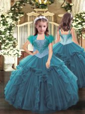 Floor Length Teal Little Girl Pageant Gowns Straps Sleeveless Lace Up