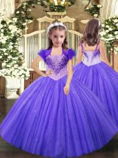 Custom Design Floor Length Lavender Little Girls Pageant Dress Tulle Sleeveless Beading