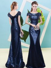 Noble Navy Blue Sequined Zipper Prom Evening Gown Cap Sleeves Floor Length Sequins