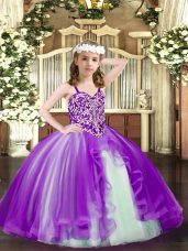 Purple Tulle Lace Up Teens Party Dress Sleeveless Floor Length Beading