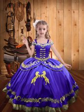 Sleeveless Floor Length Beading and Embroidery Lace Up Kids Formal Wear with Purple