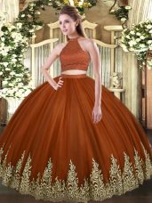 Rust Red Tulle Backless Halter Top Sleeveless Floor Length Quinceanera Dresses Beading and Appliques