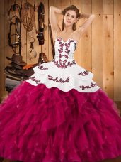 Fuchsia Lace Up Vestidos de Quinceanera Embroidery and Ruffles Sleeveless Floor Length