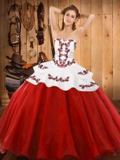 Glamorous Red Ball Gown Prom Dress Military Ball and Sweet 16 and Quinceanera with Embroidery Strapless Sleeveless Lace Up