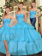 Aqua Blue Three Pieces Organza Sweetheart Sleeveless Beading and Ruffled Layers Floor Length Lace Up Sweet 16 Quinceanera Dress
