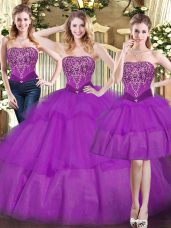 Eggplant Purple Lace Up Strapless Beading and Ruffled Layers Quinceanera Gown Tulle Sleeveless