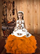 Superior Orange Lace Up Straps Embroidery and Ruffles Kids Pageant Dress Organza Sleeveless