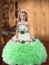 Beautiful Green Fabric With Rolling Flowers Lace Up Straps Sleeveless Floor Length Little Girls Pageant Dress Embroidery and Ruffles