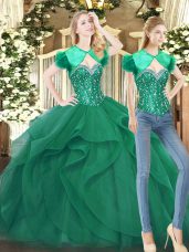 Floor Length Lace Up 15th Birthday Dress Dark Green for Military Ball and Sweet 16 and Quinceanera with Beading and Ruffles