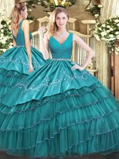 Teal Zipper V-neck Embroidery and Ruffled Layers Ball Gown Prom Dress Satin and Organza Sleeveless