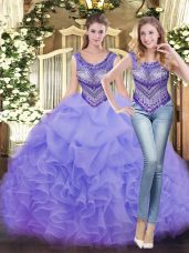 Sweet Beading and Ruffles 15th Birthday Dress Lavender Lace Up Sleeveless Floor Length