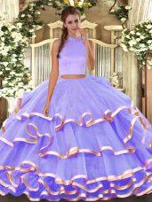 Captivating Organza Halter Top Sleeveless Backless Beading and Ruffled Layers Sweet 16 Dresses in Lavender