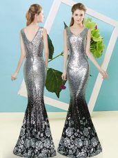 Enchanting Silver Dress for Prom Prom and Party with Sequins V-neck Sleeveless Zipper