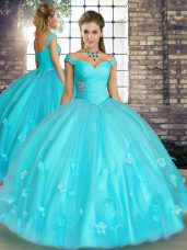 Most Popular Aqua Blue Sleeveless Floor Length Beading and Appliques Lace Up Ball Gown Prom Dress