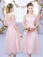 Traditional Baby Pink Lace Up Bridesmaids Dress Lace and Belt Half Sleeves Tea Length