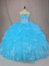 Ball Gowns Sweet 16 Dress Blue Strapless Organza Sleeveless Floor Length Lace Up