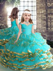 Ball Gowns Girls Pageant Dresses Aqua Blue Straps Tulle Sleeveless Floor Length Lace Up