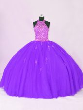 Dazzling Ball Gowns 15 Quinceanera Dress Purple Halter Top Organza Sleeveless Floor Length Lace Up