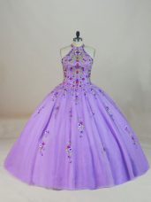Cute Tulle Halter Top Sleeveless Brush Train Lace Up Beading and Embroidery Sweet 16 Dresses in Lavender
