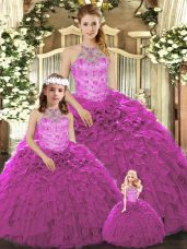 Simple Ball Gowns Ball Gown Prom Dress Fuchsia Halter Top Organza Sleeveless Floor Length Lace Up