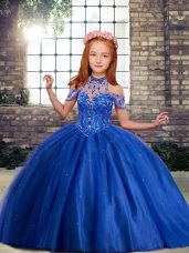 Royal Blue High-neck Lace Up Beading and Ruffles Little Girl Pageant Gowns Sleeveless