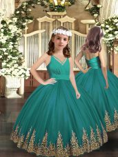 V-neck Sleeveless Girls Pageant Dresses Floor Length Embroidery Turquoise Tulle