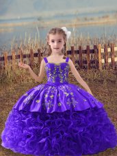 Purple Sleeveless Fabric With Rolling Flowers Sweep Train Lace Up Kids Formal Wear for Wedding Party