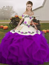 Custom Design White And Purple Off The Shoulder Neckline Embroidery and Ruffles Quinceanera Gowns Sleeveless Lace Up