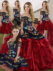 Red And Black Organza Lace Up Quinceanera Dresses Sleeveless Floor Length Embroidery and Ruffles