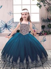 Tulle Sleeveless Floor Length Little Girls Pageant Dress and Beading and Embroidery