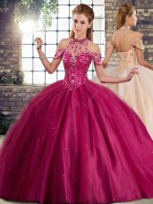 Fuchsia Ball Gowns Tulle Halter Top Sleeveless Beading Lace Up Quinceanera Dresses Brush Train