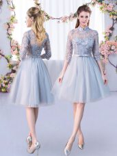 Sumptuous Grey Empire Lace and Belt Quinceanera Court of Honor Dress Lace Up Tulle Half Sleeves Knee Length