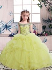 Excellent Yellow Ball Gowns Scoop Sleeveless Tulle Floor Length Lace Up Beading Little Girls Pageant Dress Wholesale