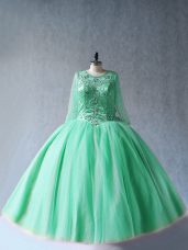 Dramatic Long Sleeves Tulle Floor Length Lace Up Sweet 16 Dresses in Apple Green with Beading