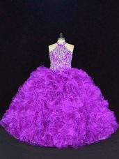 Purple Halter Top Lace Up Beading and Ruffles Quince Ball Gowns Sleeveless
