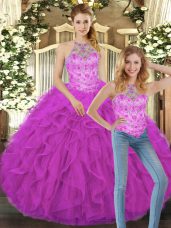 Fuchsia Two Pieces Tulle Halter Top Sleeveless Beading and Ruffles Floor Length Lace Up Ball Gown Prom Dress