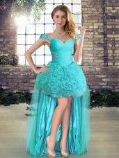 Pretty Aqua Blue Sleeveless Fabric With Rolling Flowers Lace Up Evening Dress for Prom and Party
