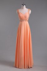 Customized Straps Sleeveless Chiffon Prom Gown Beading and Ruching Backless