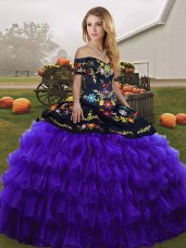 Black And Purple Sleeveless Floor Length Embroidery and Ruffled Layers Lace Up Sweet 16 Dress