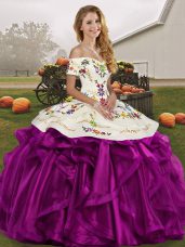 Off The Shoulder Sleeveless Ball Gown Prom Dress Floor Length Embroidery and Ruffles White And Purple Organza