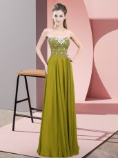Olive Green Chiffon Zipper Prom Gown Sleeveless Floor Length Beading